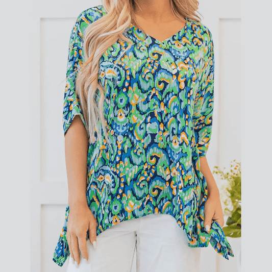Flossie Green Abstract Print V Neck Half Sleeve Loose Fit Tunic Blouse