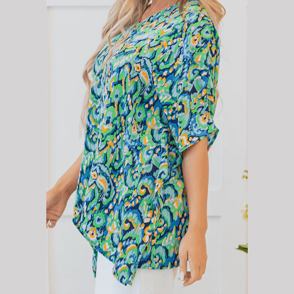 Flossie Green Abstract Print V Neck Half Sleeve Loose Fit Tunic Blouse