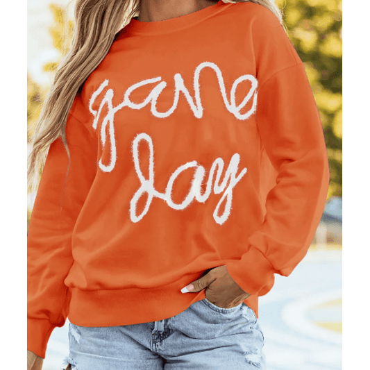 Orange/White Tinsel Game Day Drop Shoulder Graphic Sweatshirt