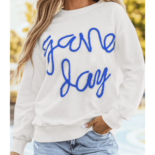 White/Blue Tinsel Game Day Drop Shoulder Graphic Sweatshirt
