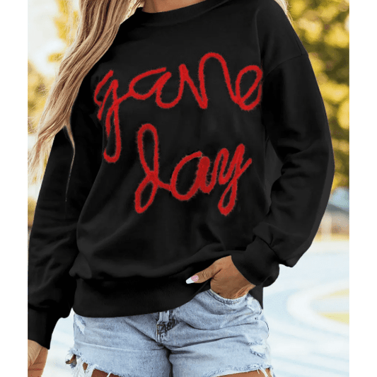 Black/Red Tinsel Game Day Drop Shoulder Graphic Sweatshirt