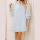 RTS Paula Sky Blue Stripe Knotted Bracelet Sleeve Notched Neck Shift Mini Dress