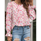 Joelinne Pink Floral Print Sweet Lantern Long Sleeve Blouse