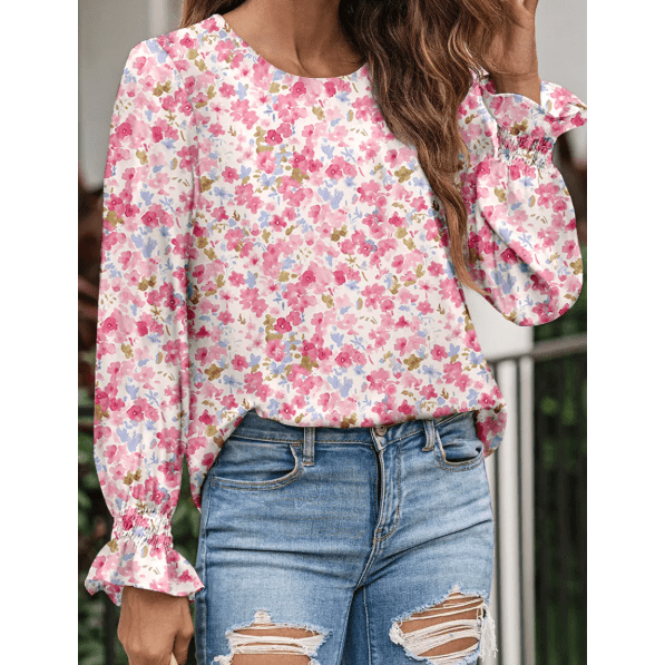 Joelinne Pink Floral Print Sweet Lantern Long Sleeve Blouse