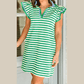 Lilybeth Green Stripe Print Contrast Collar Split Neck Flutter Sleeve Short Dress