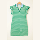 Lilybeth Green Stripe Print Contrast Collar Split Neck Flutter Sleeve Short Dress