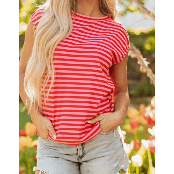 Whitlee Red Stripe Ribbed Cap Sleeve Round Neck T Shirt