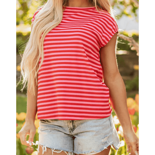 Whitlee Red Stripe Ribbed Cap Sleeve Round Neck T Shirt
