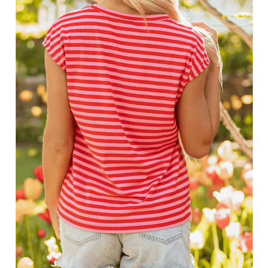 Whitlee Red Stripe Ribbed Cap Sleeve Round Neck T Shirt