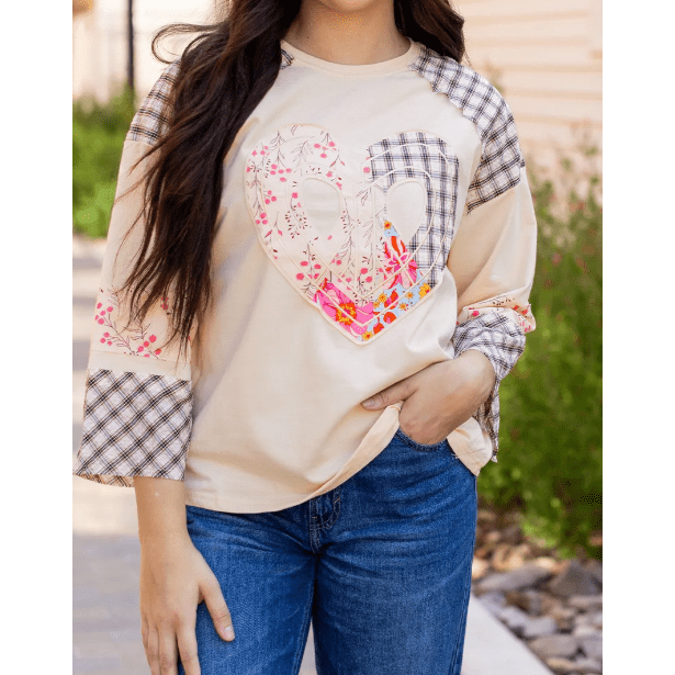 Nora Beige Plaid Floral Peace Heart Graphic Wide Long Sleeve Top