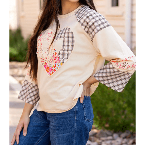 Nora Beige Plaid Floral Peace Heart Graphic Wide Long Sleeve Top