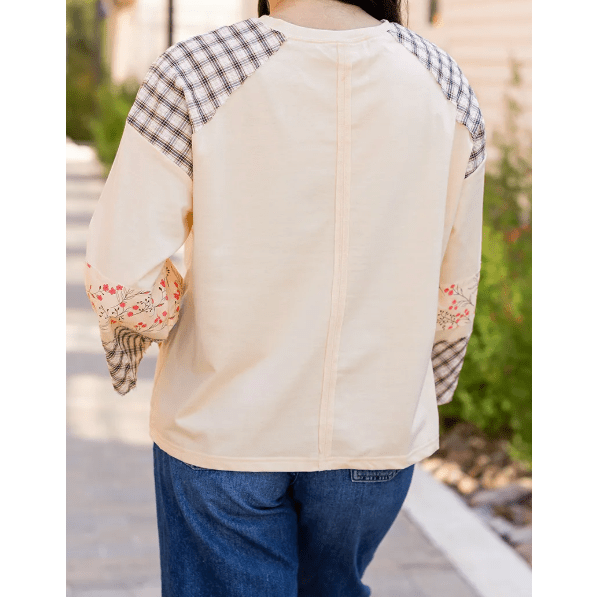 Nora Beige Plaid Floral Peace Heart Graphic Wide Long Sleeve Top