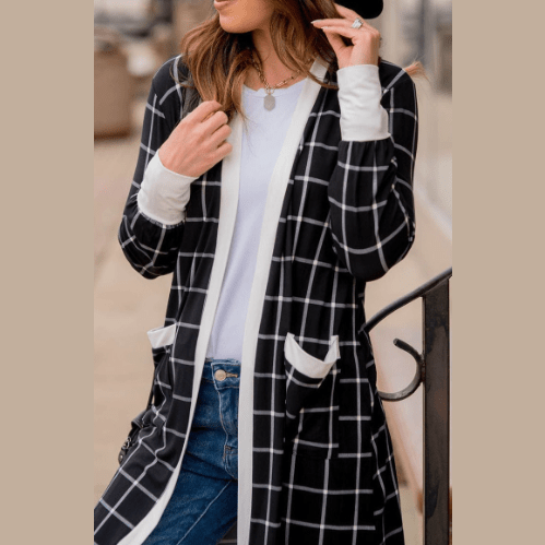 RTS Black Plaid Colorblock Edge Open Cardigan with Pocket