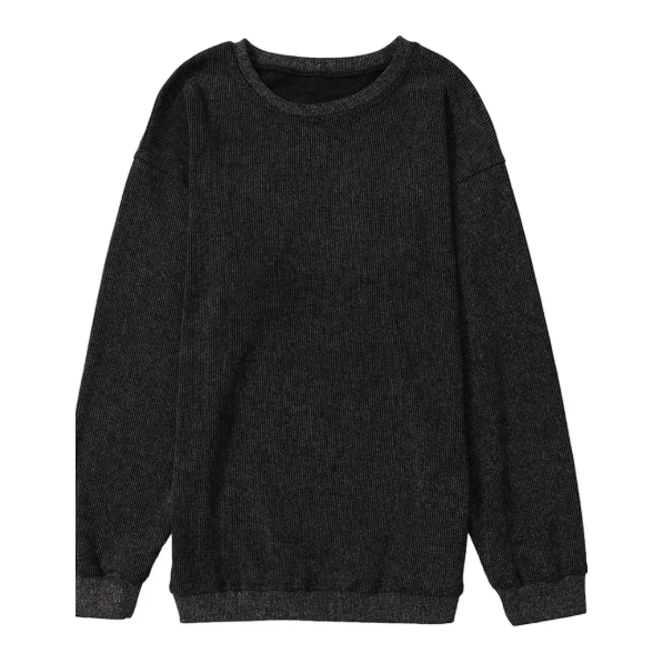 Kelis Black Solid Ribbed Knit Round Neck Pullover Sweatshirt
