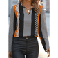 Bunny Orange Geo Print Colorblock Notched V Neck Blouse