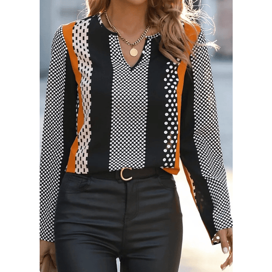 Bunny Orange Geo Print Colorblock Notched V Neck Blouse