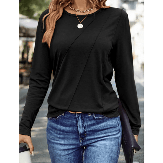 Indy Black Asymmetric Seam Detail Solid Color Long Sleeve Top
