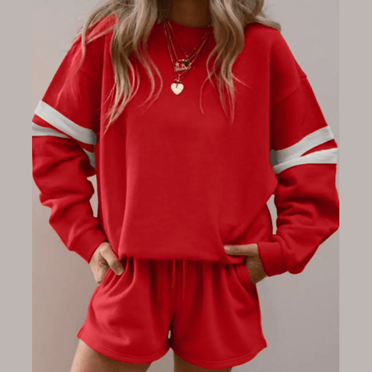 Fiery Red Varsity Striped Sleeve Drop Shoulder Sweatshirt and Short Set
