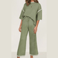 Tatina Green Contrast Trim Half Sleeve Top Drawstring Pants Loose 2pcs Sweater Suit