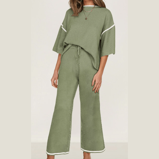 Tatina Green Contrast Trim Half Sleeve Top Drawstring Pants Loose 2pcs Sweater Suit
