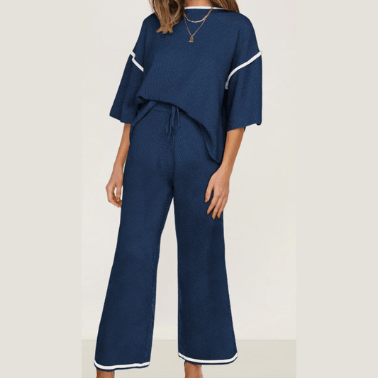 Tatina Blue Contrast Trim Half Sleeve Top Drawstring Pants Loose 2pcs Sweater Suit
