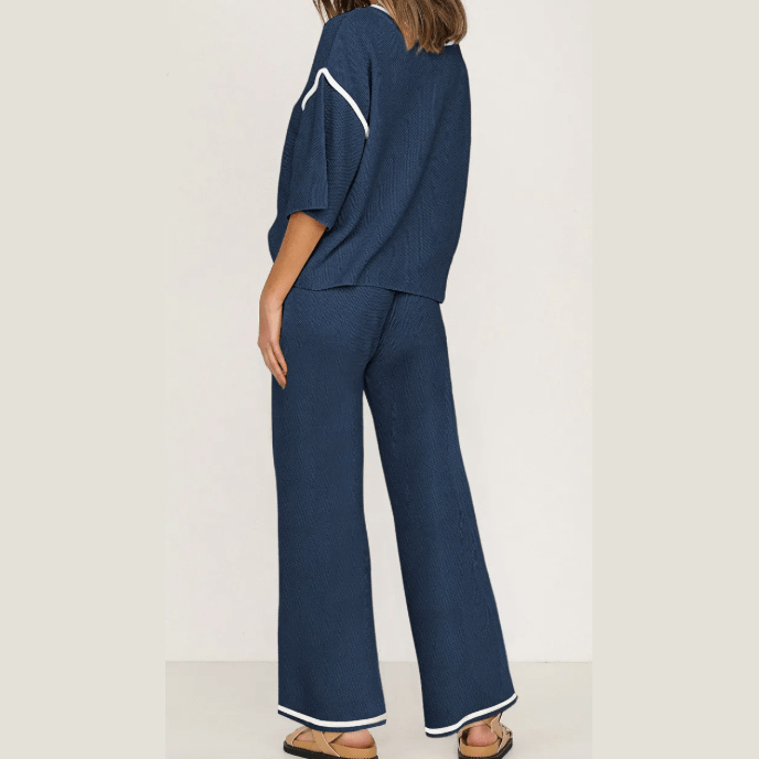 Tatina Blue Contrast Trim Half Sleeve Top Drawstring Pants Loose 2pcs Sweater Suit