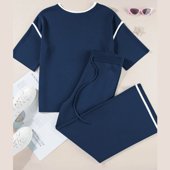 Tatina Blue Contrast Trim Half Sleeve Top Drawstring Pants Loose 2pcs Sweater Suit