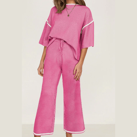 Tatina Pink Contrast Trim Half Sleeve Top Drawstring Pants Loose 2pcs Sweater Suit