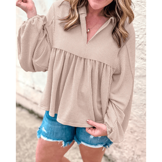 Shanice Parchment Corded Turn-down V Neck Bubble Sleeve Babydoll Blouse