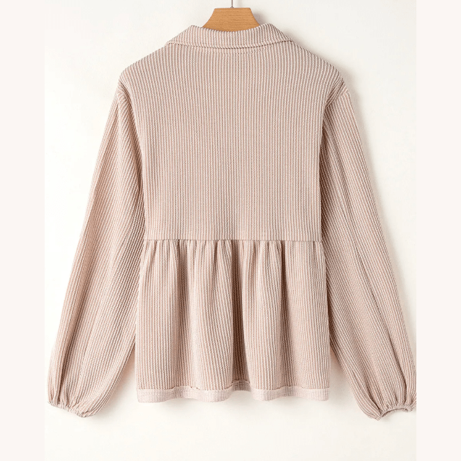Shanice Parchment Corded Turn-down V Neck Bubble Sleeve Babydoll Blouse