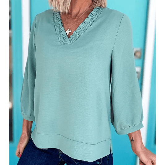 Dezi Moonlight Jade Frilled V Neckline Bracelet Sleeve Crinkled Blouse