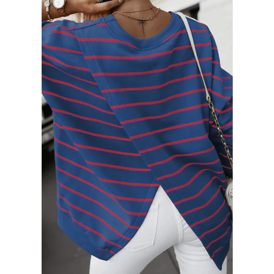 Evelyn Blue Stripe Overlap Detail Drop Shoulder Pullover Sweatshirt