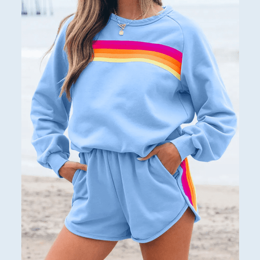 Rianne Blue Striped Accent Pullover and Shorts Two Piece Casual Set