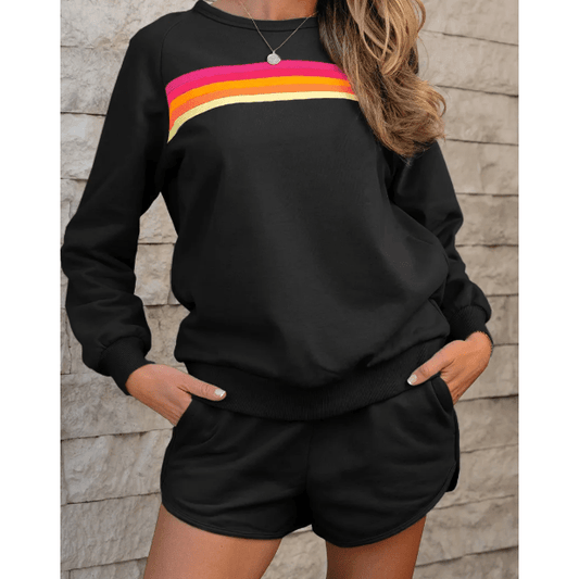 Rianne Black Striped Accent Pullover and Shorts Two Piece Casual Set