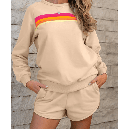 Rianne Apricot Striped Accent Pullover and Shorts Two Piece Casual Set