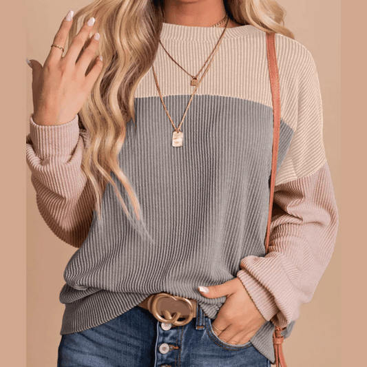 Joey Apricot Color Block Long Sleeve Ribbed Loose Top