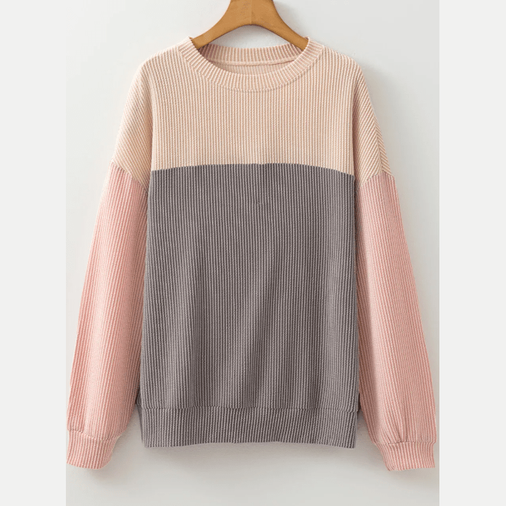 Joey Apricot Color Block Long Sleeve Ribbed Loose Top