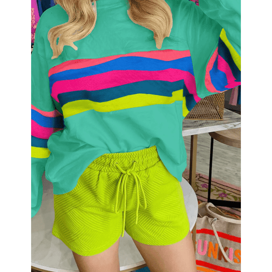 Brisa Green Colorful Striped Accent Long Sleeve T Shirt