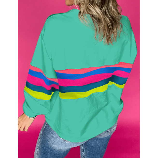 Brisa Green Colorful Striped Accent Long Sleeve T Shirt