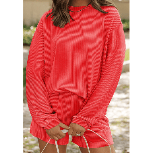 Zahra Red Corded Knit Long Sleeve Top and High Waist Shorts Set