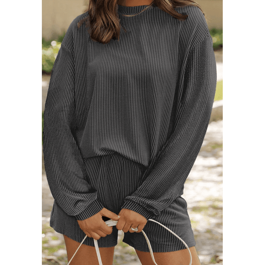 Zahra Charcoal Corded Knit Long Sleeve Top and High Waist Shorts Set