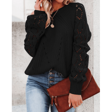 Neda Black Hollow-out Puffy Sleeve Knit Sweater