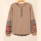 Jenny Khaki Waffle Stripe Plaid Patchwork Henley Knit Top