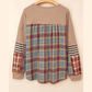 Jenny Khaki Waffle Stripe Plaid Patchwork Henley Knit Top