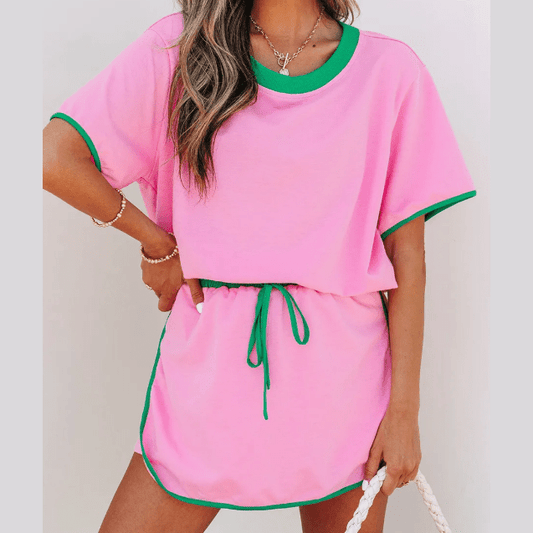 Jolena Pink Colorblock Edge Drop Shoulder T Shirt and Skort 2Pcs Set