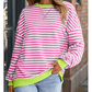 Adilynn Light Pink Stripe Contrast Ribbed Trim Crossed Stitch Drop Shoulder Sweatshirt
