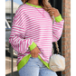 Adilynn Light Pink Stripe Contrast Ribbed Trim Crossed Stitch Drop Shoulder Sweatshirt