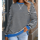Adilynn Black Stripe Contrast Ribbed Trim Crossed Stitch Drop Shoulder Sweatshirt