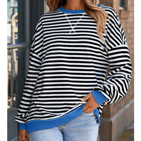 Adilynn Black Stripe Contrast Ribbed Trim Crossed Stitch Drop Shoulder Sweatshirt