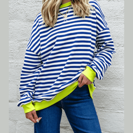Adilynn Blue Stripe Contrast Ribbed Trim Crossed Stitch Drop Shoulder Sweatshirt